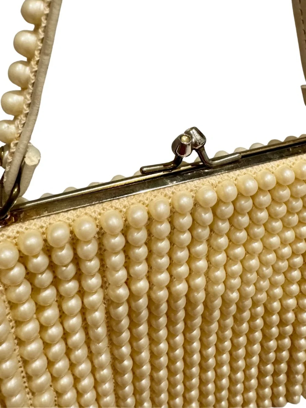 Vintage Pearl-Embellished Cream Frame Clutch Purse Handbag - Retro!